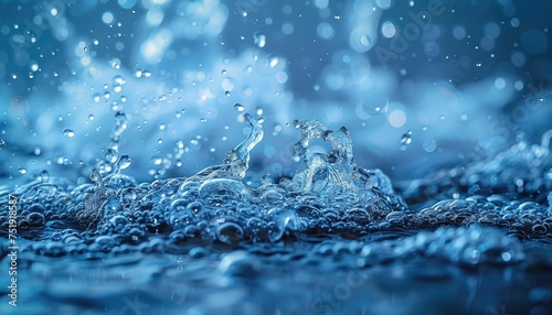 Dynamic close-up of water splash and bubbles on blue background