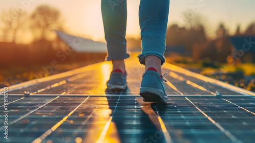 An inspiring photograph illustrating a person on a mid-journey, surrounded by solar panels that symbolize the power of clean energy. The image radiates hope and progress.