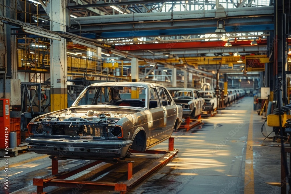 A car is being built in a factory A car is being built in a factory