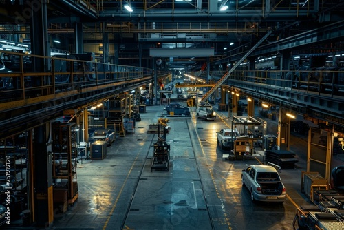 A large industrial building with a lot of machinery and vehicles