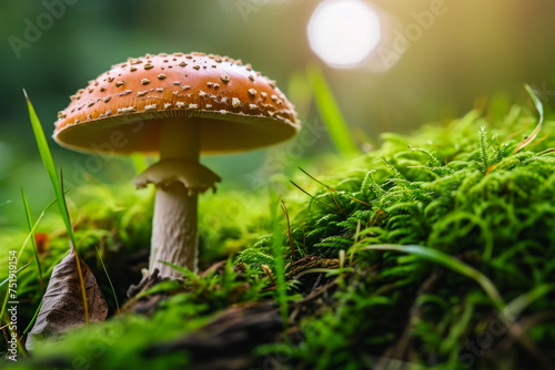 Fly agaric in the forest. Background with selective focus and copy space