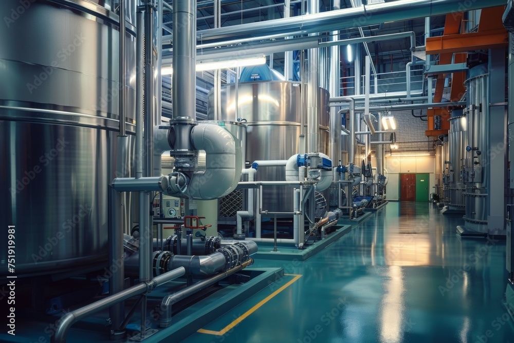 A large industrial building with pipes and tanks