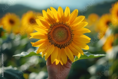 A person is holding a yellow sunflower in their hand