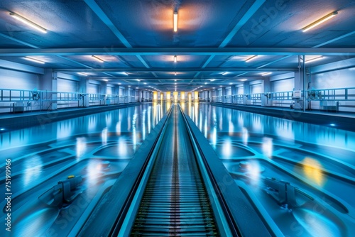 A large indoor pool with a blue and yellow lighting