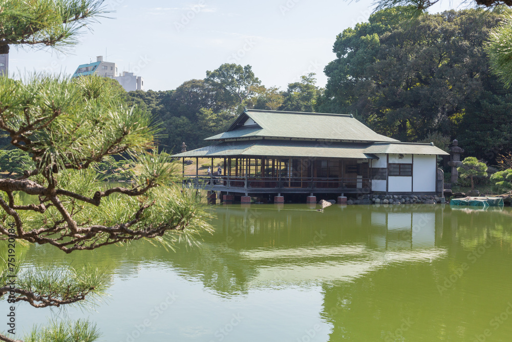 traditional japanese house on the pond surrounded with green forest in kiyosumi park in tokyo