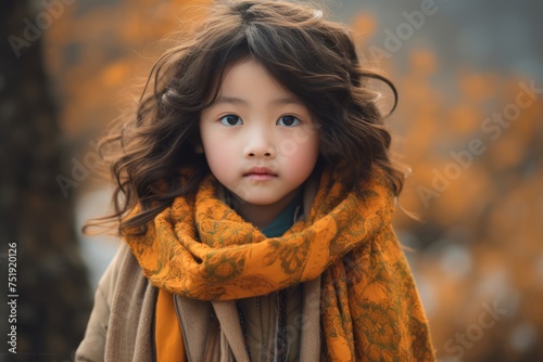 Portrait of a beautiful little girl in a warm coat and scarf.