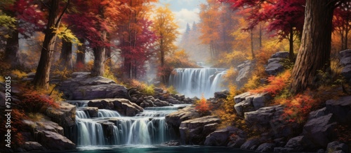 A painting featuring a majestic waterfall cascading down a rocky cliff in the heart of a lush autumn forest. The scene is alive with vibrant red  orange  and yellow foliage  creating a stunning