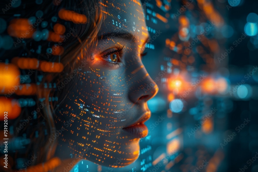 A woman's face is shown in a computer screen with a lot of orange A woman's face is shown in a computer screen with a lot of orange