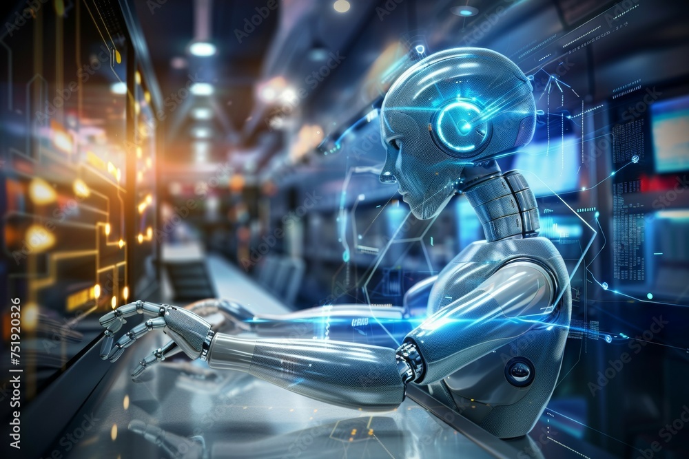A robot is sitting at a computer keyboard A robot is sitting at a computer keyboard