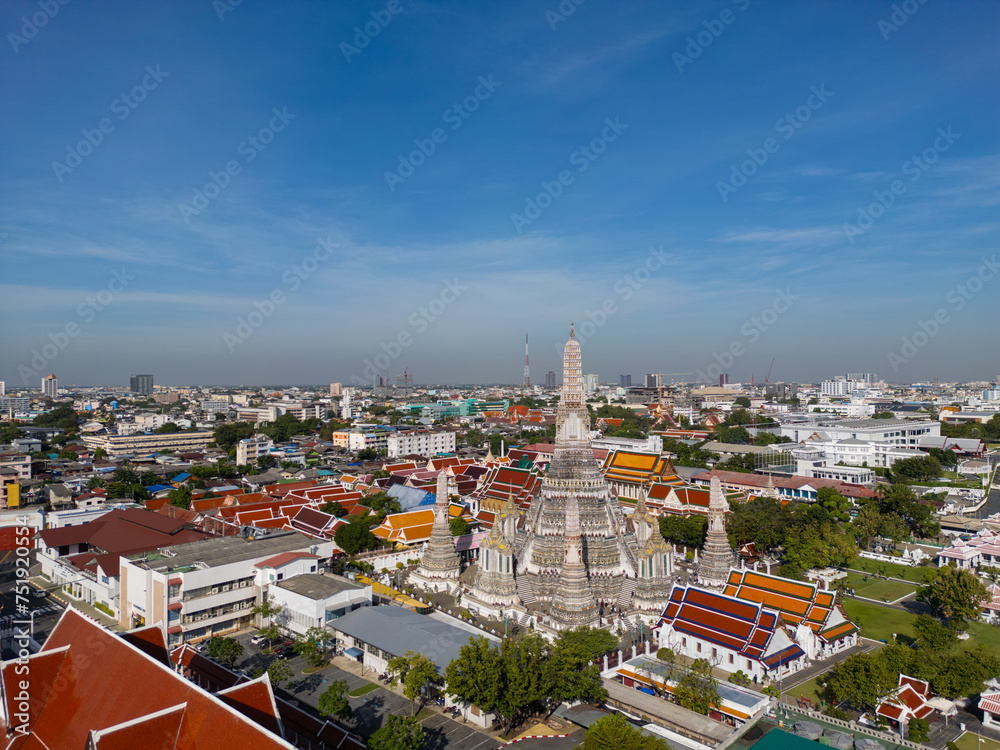 Pagoda at Wat Arun buddhist Temple of dawn a tourist landmark with Chao Phra Ya river aerial view