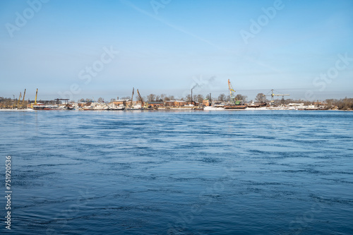 View of Angara river flows through city of Irkutsk the largest cities in Siberia, Russia. The Angara is the only river flowing from lake Baikal. #751920536
