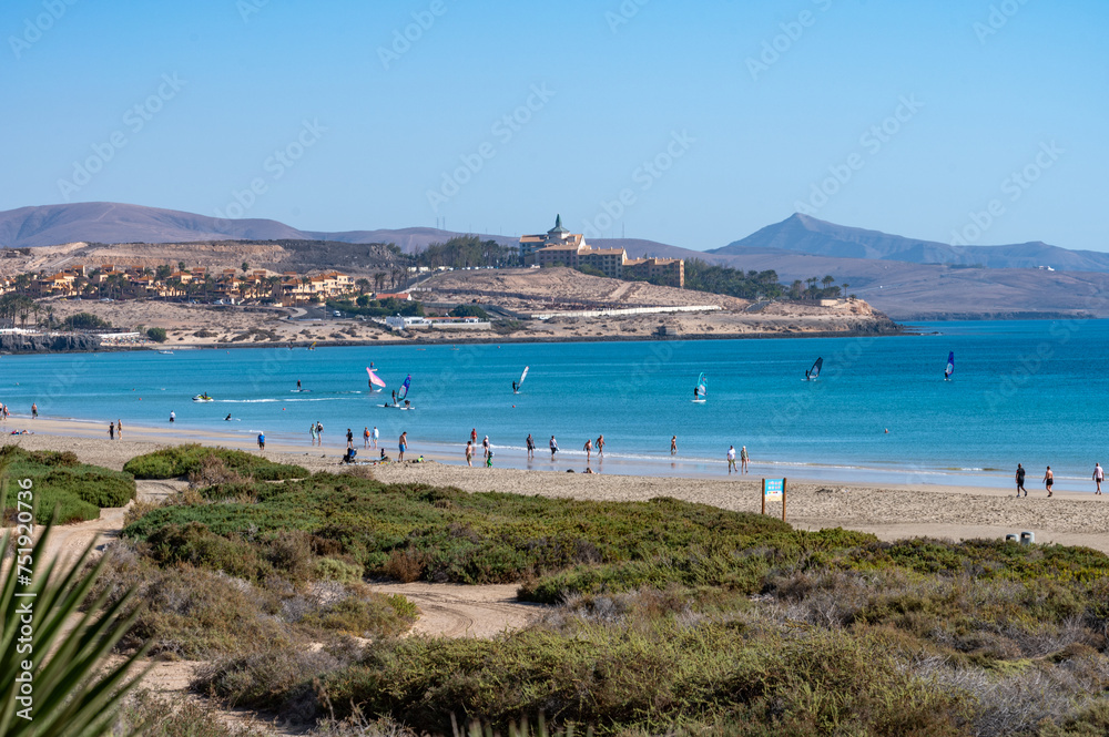 Sandy dunes and turquoise water of Costa Calma beach, Fuerteventura, Canary islands, Spain in winter