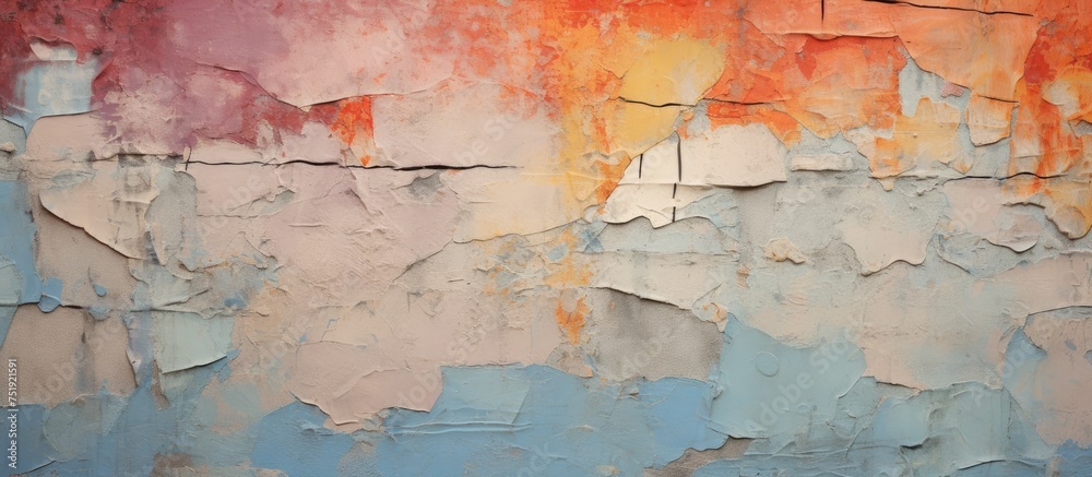 Close-up of a grey wall with peeling paint, revealing layers of previous colors. Various home-related objects and a frame are visible on the wall.