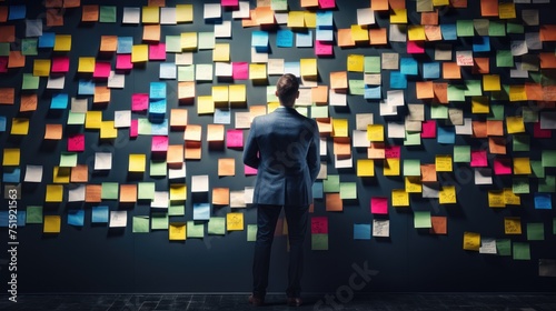 Businessman is looking at a wall covered in sticky notes