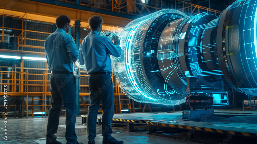 Fototapeta premium Industry 4.0 Two Engineers Standing and Talking in Factory Workshop with Augmented Reality 3D Model Concept of Giant Turbine Engine. Graphics Visualization. High Angle Shot. VFX Special Visual Effects