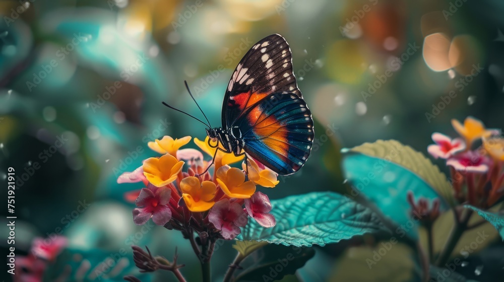 Stunning butterfly displaying a spectrum of colors while resting on a vibrant flower in a forest setting. generative ai Stunning butterfly displaying a spectrum of colors while resting on a vibrant flower in a forest setting. generative ai
