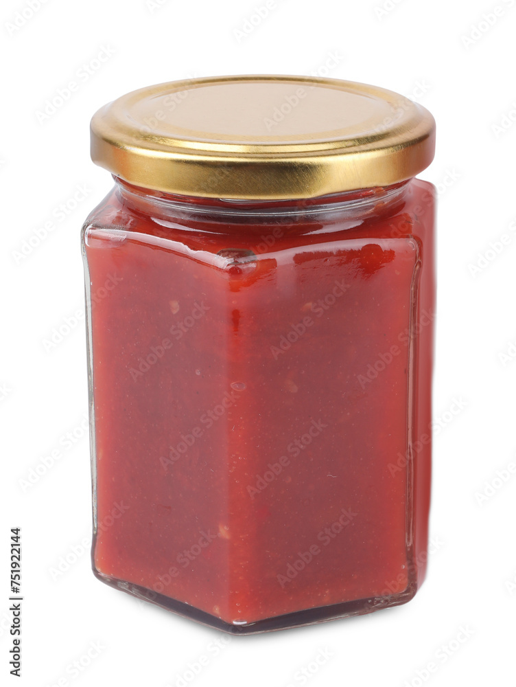 Organic ketchup in glass jar isolated on white. Tomato sauce Organic ketchup in glass jar isolated on white. Tomato sauce