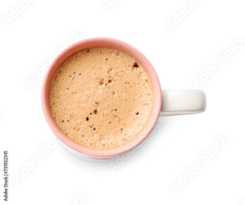 Aromatic coffee in cup isolated on white, top view