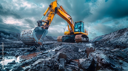Excavator Working in Rocky Terrain, To provide a high-quality and relevant image of an excavator at work for use in construction, engineering, and