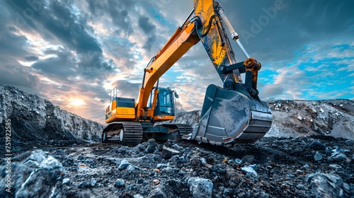 Excavator in Quarry at Sunset with Clouds, To convey a sense of power and grandeur in the mining and construction industries, highlighting the use of