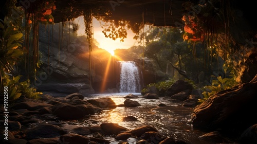 Sunrise at the Waterfall in the Australian Grotto, Use this stunning high-resolution stock photo of a sunrise behind a waterfall in an underground