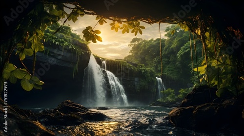 Tropical Sunrise Waterfall in the Jungle  To provide a stunning and versatile waterfall image for use in a variety of contexts  from digital stock
