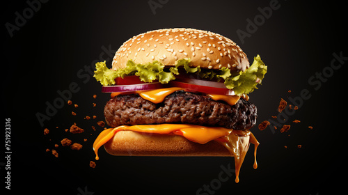 hamburger on a black background floating in the air