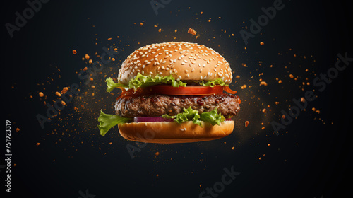 hamburger on black background floating floating in the air