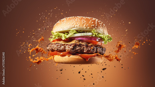 hamburger on brown background floating in the air