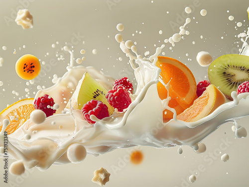 Closeup of milk and tropical fruits splash