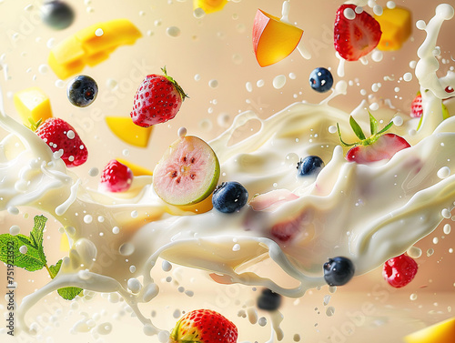 Closeup of milk and tropical fruits splash