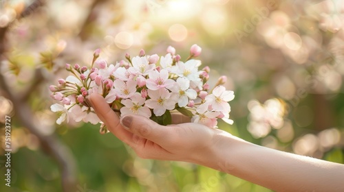 hand holding a bouquet of cherry blossoms generative ai