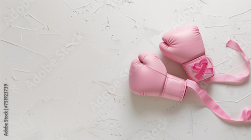 Boxing gloves to fight pink cancer boxing gym for breast oncology charity fundraiser flatlay health awareness month women health lifestyle sport survive chemo exercise female motivation copy space  