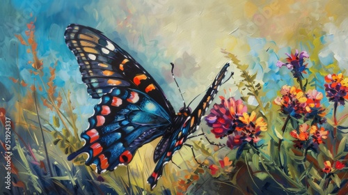 Brightly colored butterfly adorns a flower with its presence in a sunlit meadow. generative ai