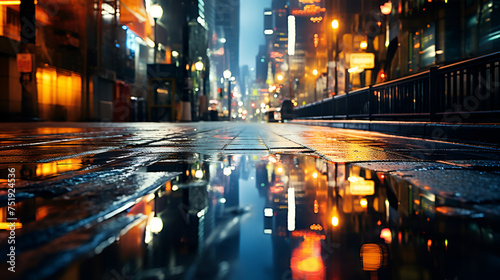traffic in the city, Street view at night after rain, when it's wet,Background depicting a city street at night in an urban setting capturing the vibrant