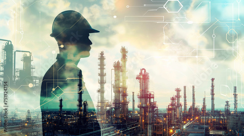 Double exposure of Engineer with oil refinery industry plant background, industrial instruments in the factory and physical system icons concept.