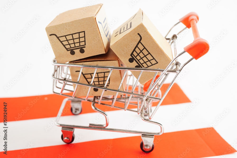 Online shopping, Shopping cart box on Austria flag, import export, finance commerce.
