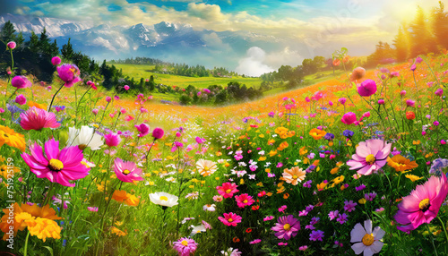 Idyllic Mountain Meadow with Colorful Wildflowers