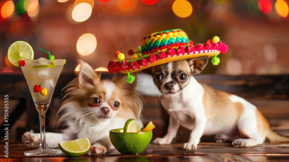 Paws and Party: Celebratory Pets With Citrus Cocktail on Wooden Bar