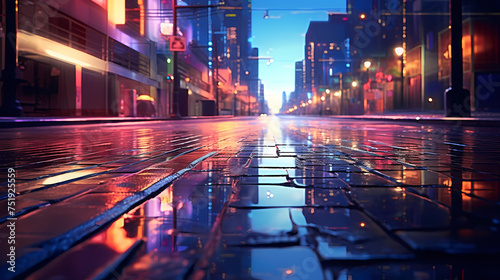 Bright bokeh city lights reflected on wet road surface © Derby