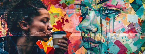 Vibrant synergy of a person enjoying coffee and colorful street art, a feast for the senses.