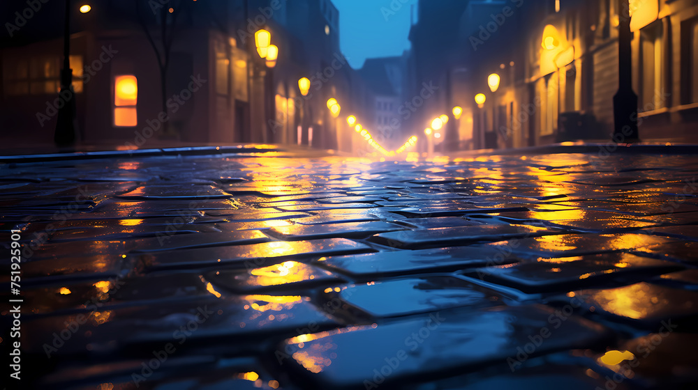 Bright bokeh city lights reflected on wet road surface