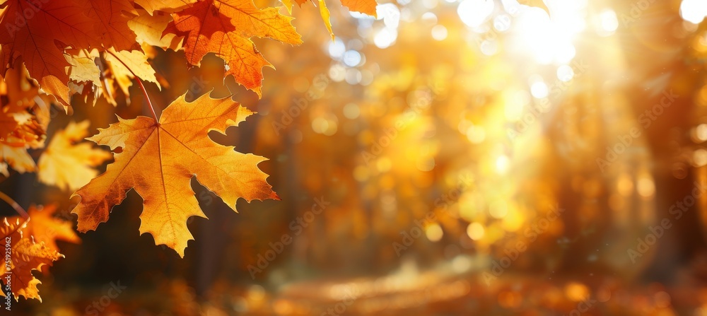 Autumn orange banner with blurred maple leaves in beautiful fall seasonal background Autumn orange banner with blurred maple leaves in beautiful fall seasonal background
