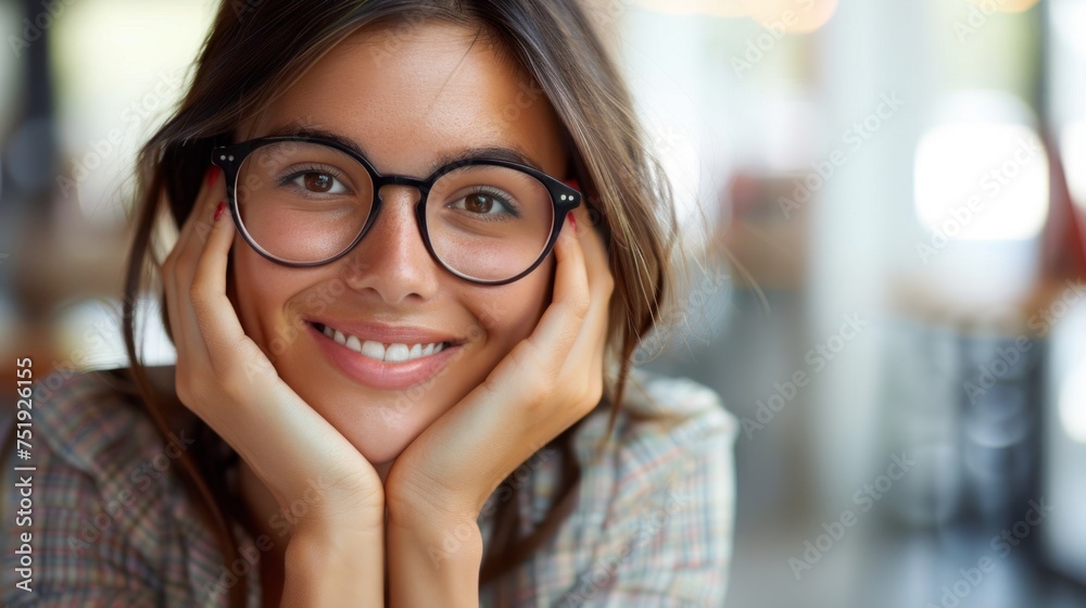 woman with glasses posing with her hands under her face showing her smile generative ai woman with glasses posing with her hands under her face showing her smile generative ai