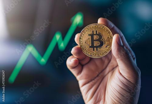 Hand holding a bitcoin crypto stock market arrow graph going up in a Bullish run in the background - Bitcoin ETF investing 