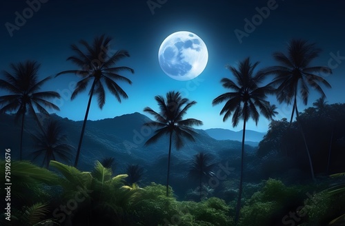 Tropical, moonlit palm landscape