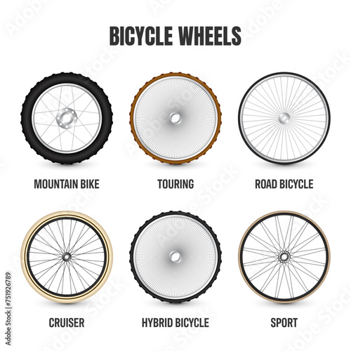 Realistic 3d bicycle wheels. Bike rubber tyres, shiny metal spokes and rims. Fitness cycle, touring, sport, road and mountain bike. Vector illustration