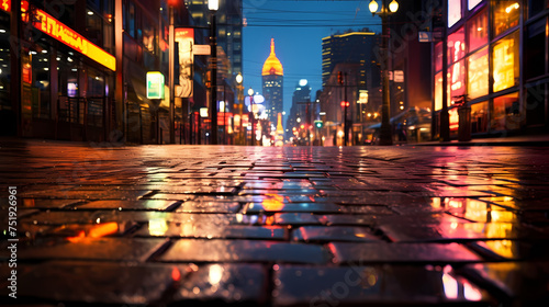 Rainy city street at night, bokeh lights background