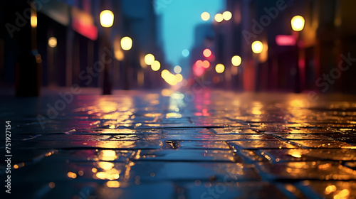 Rainy city street at night, bokeh lights background