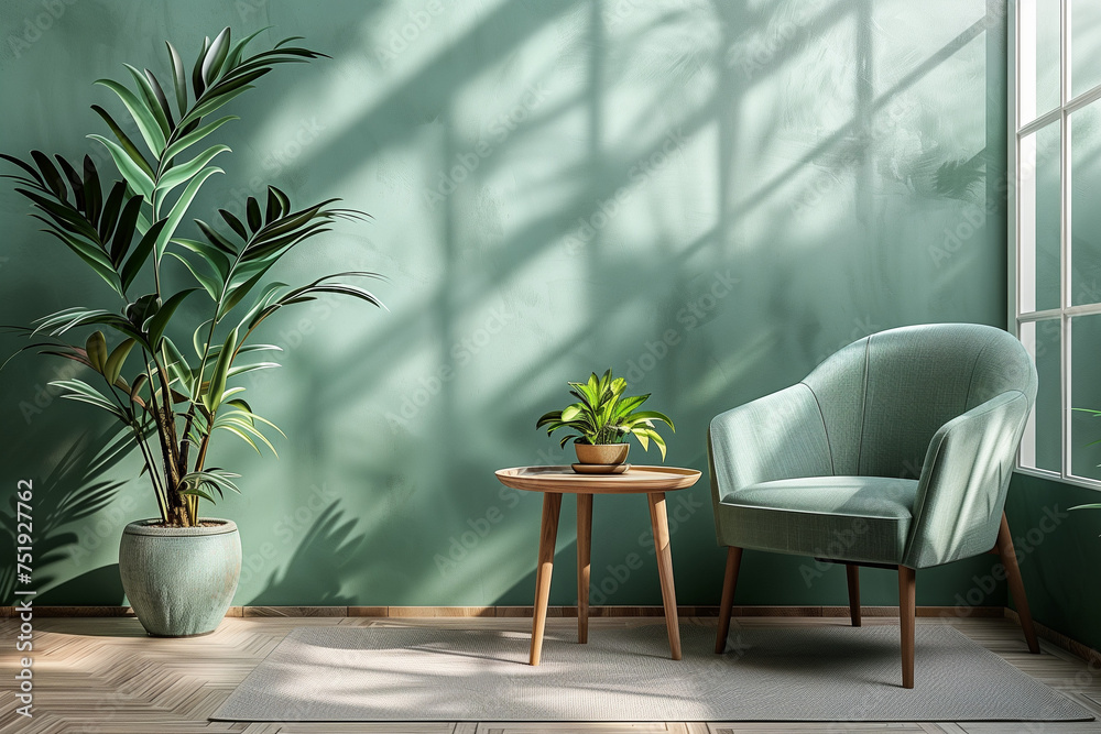 Fototapeta premium Modern green monochrome living room with plants